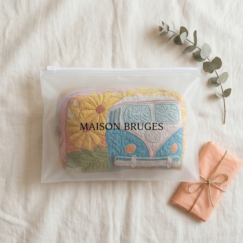 Trousse de maquillage matelassée Van Horizon Doré emballée dans une pochette Maison Bruges