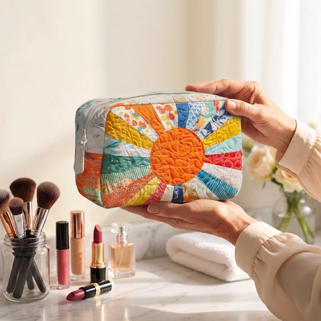 Trousse de maquillage matelassée Rayon Doré tenue en main près de la coiffeuse