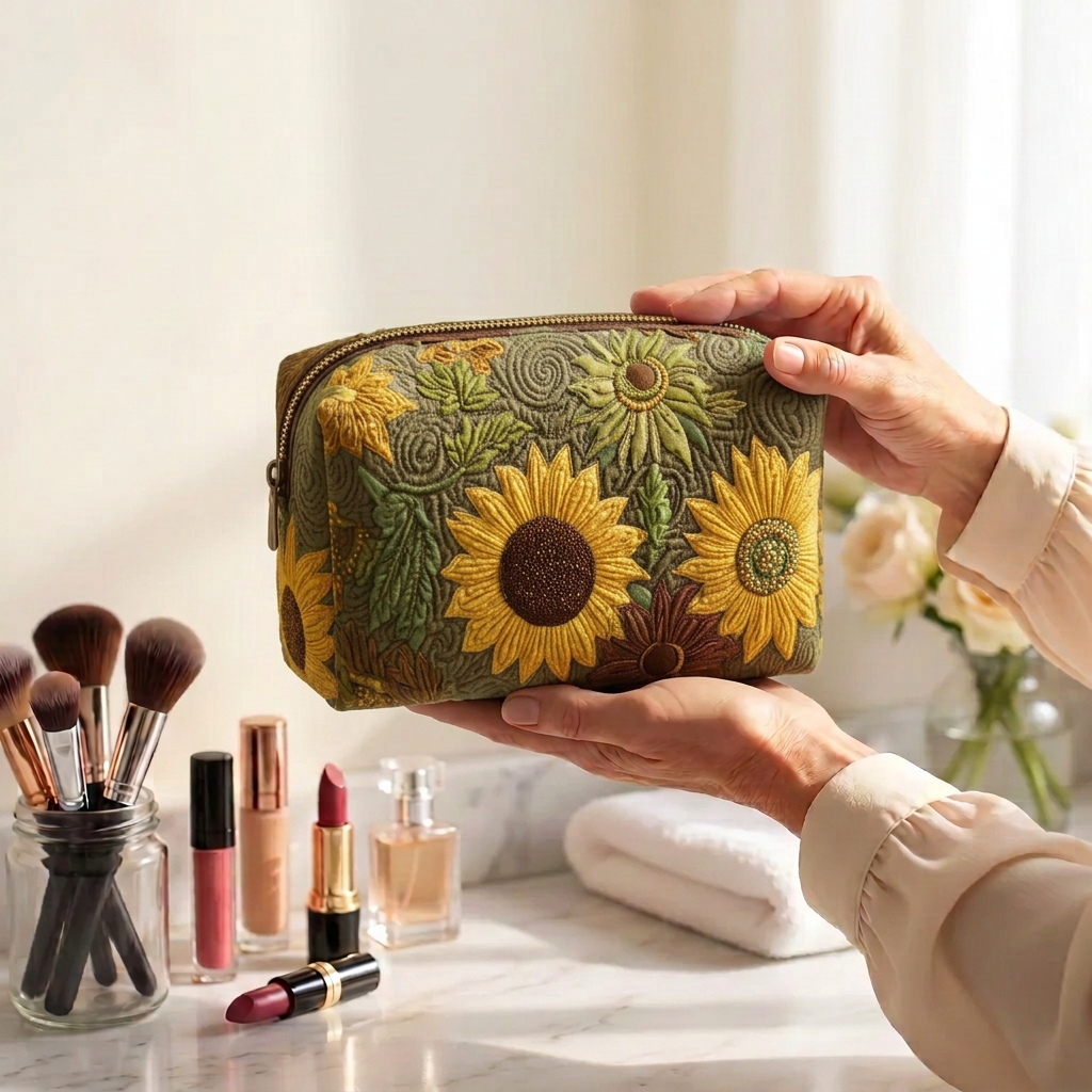 Trousse de maquillage matelassée Champ Doré tenue en main près de la coiffeuse
