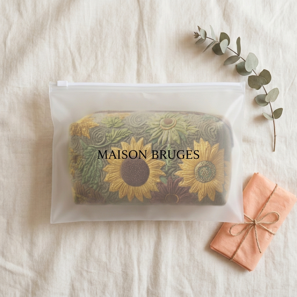 Trousse de maquillage matelassée Champ Doré emballée dans une pochette Maison Bruges