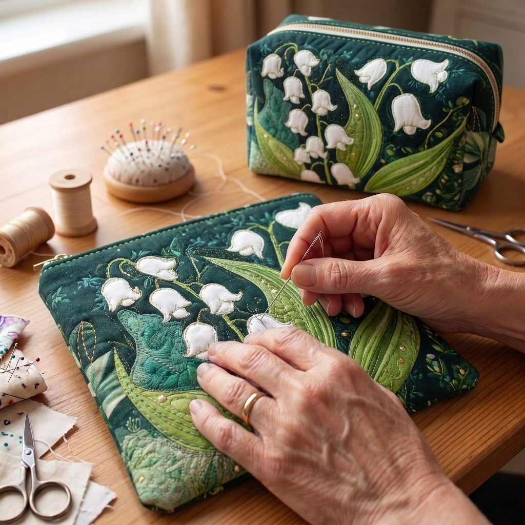 Tissu matelassé au motif Lys Gracieux en cours de couture