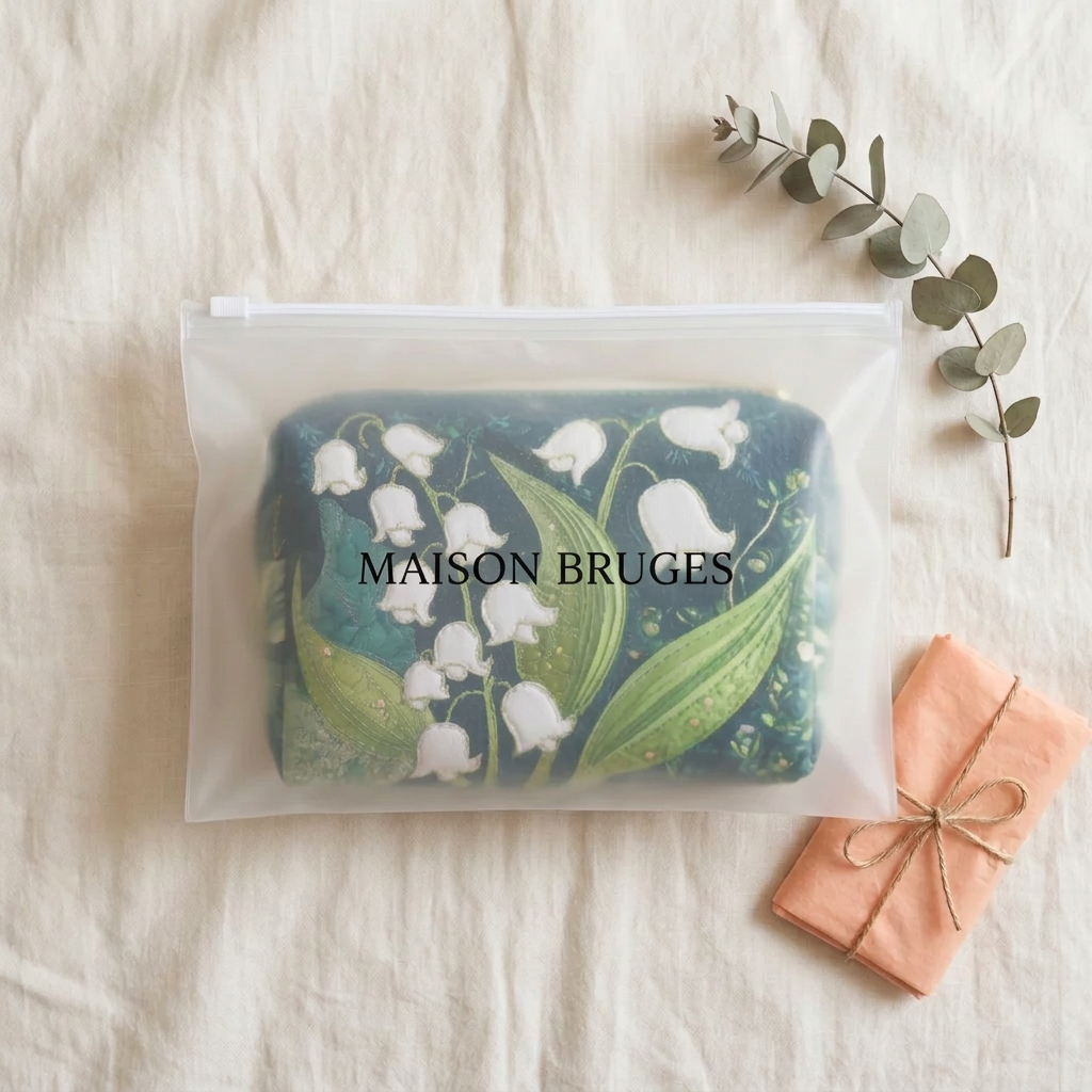 Trousse de maquillage matelassée Lys Gracieux emballée dans une pochette Maison Bruges