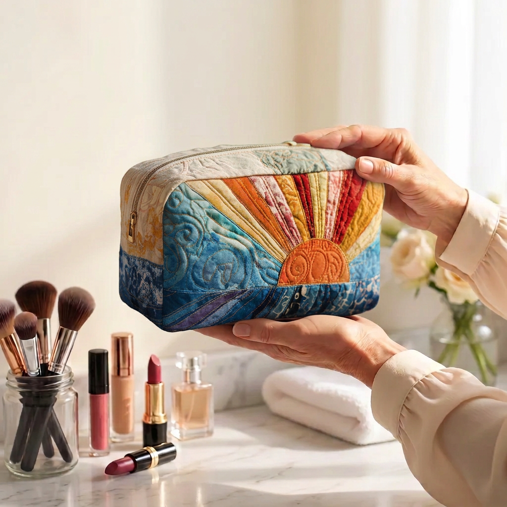Trousse de maquillage matelassée Vague Tranquille tenue en main près de la coiffeuse