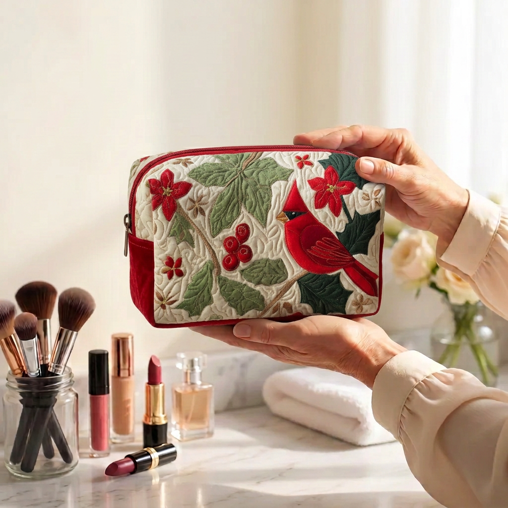 Trousse de maquillage matelassée Cardinal et Houx tenue en main près de la coiffeuse