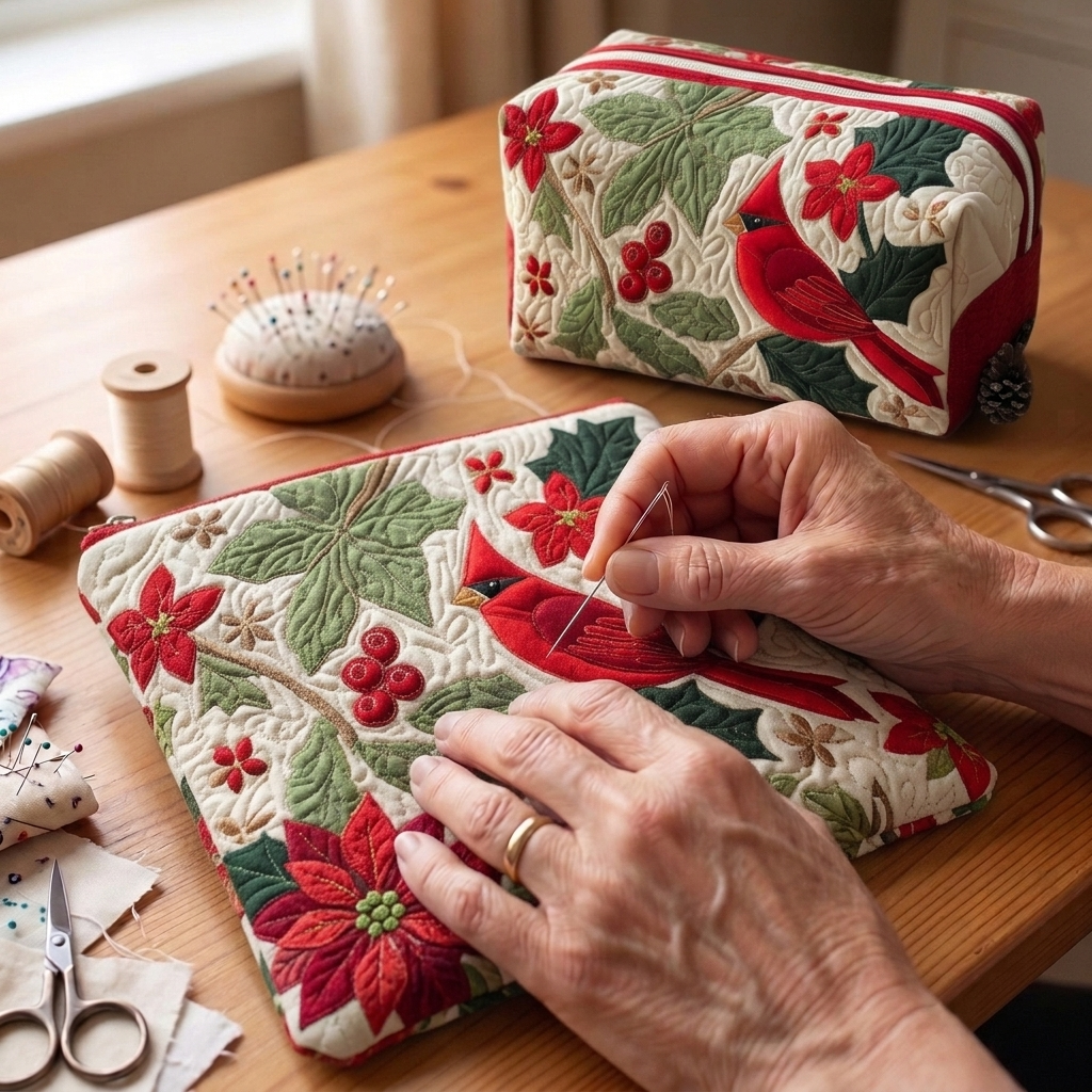 Tissu matelassé au motif Cardinal et Houx en cours de couture