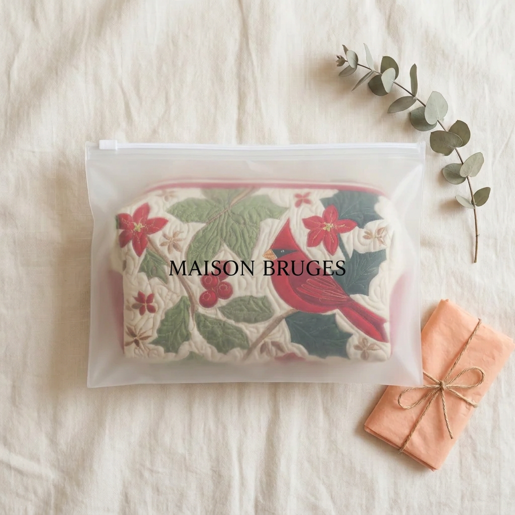 Trousse de maquillage matelassée Cardinal et Houx emballée dans une pochette Maison Bruges