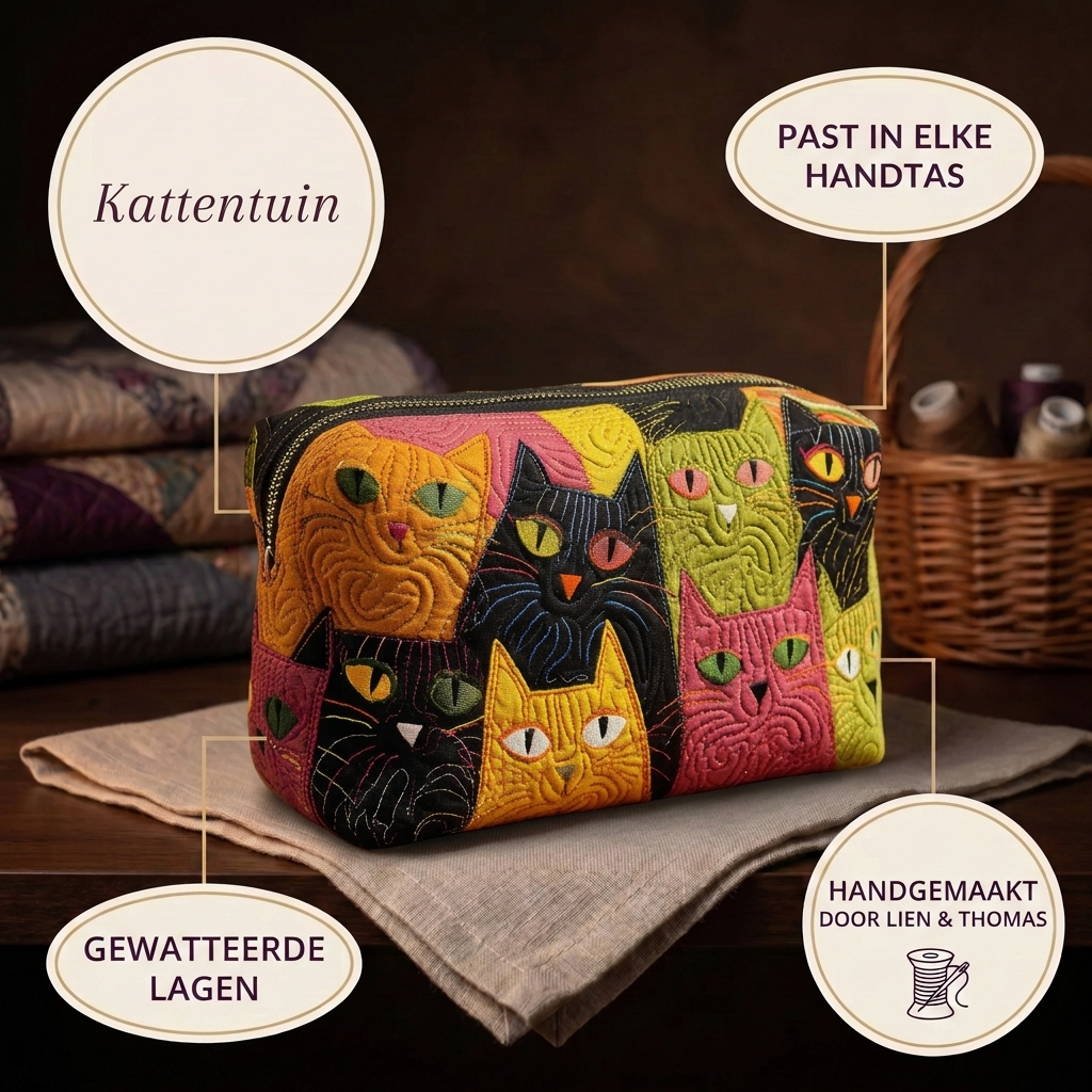 Trousse de maquillage matelassée Jardin des Chats en détail : tient dans tous les sacs, matelassée