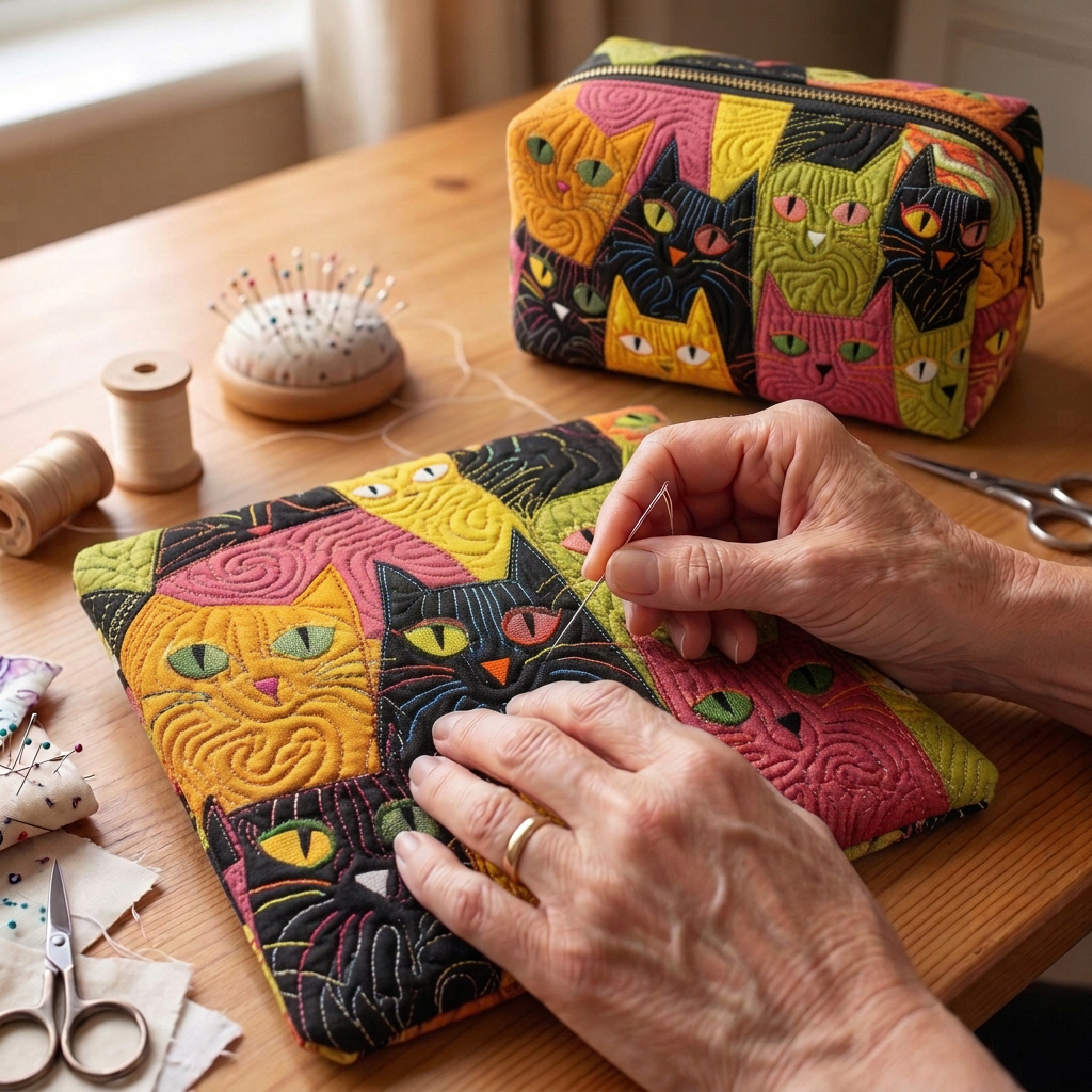 Tissu matelassé au motif Jardin des Chats en cours de couture