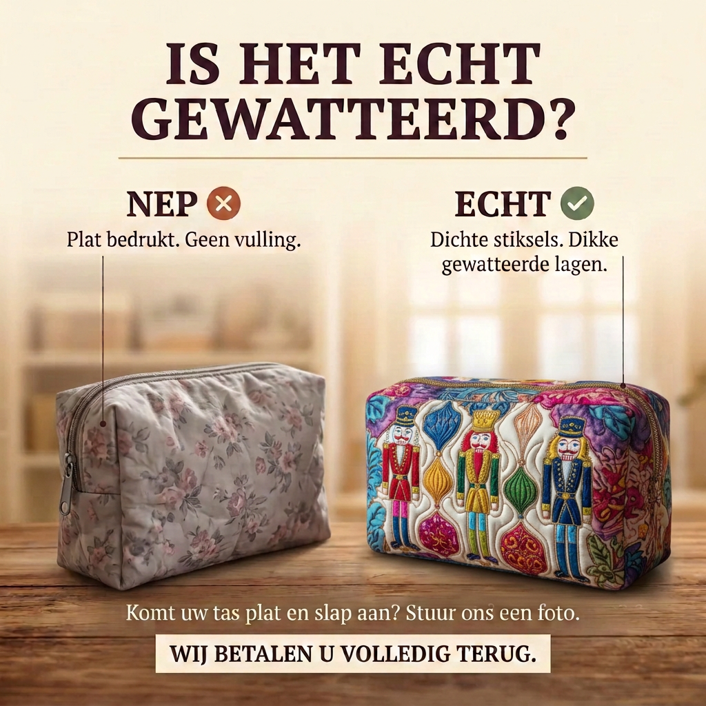 Gewatteerde make-uptas Kerstwachter: echt gewatteerd tegenover plat bedrukt