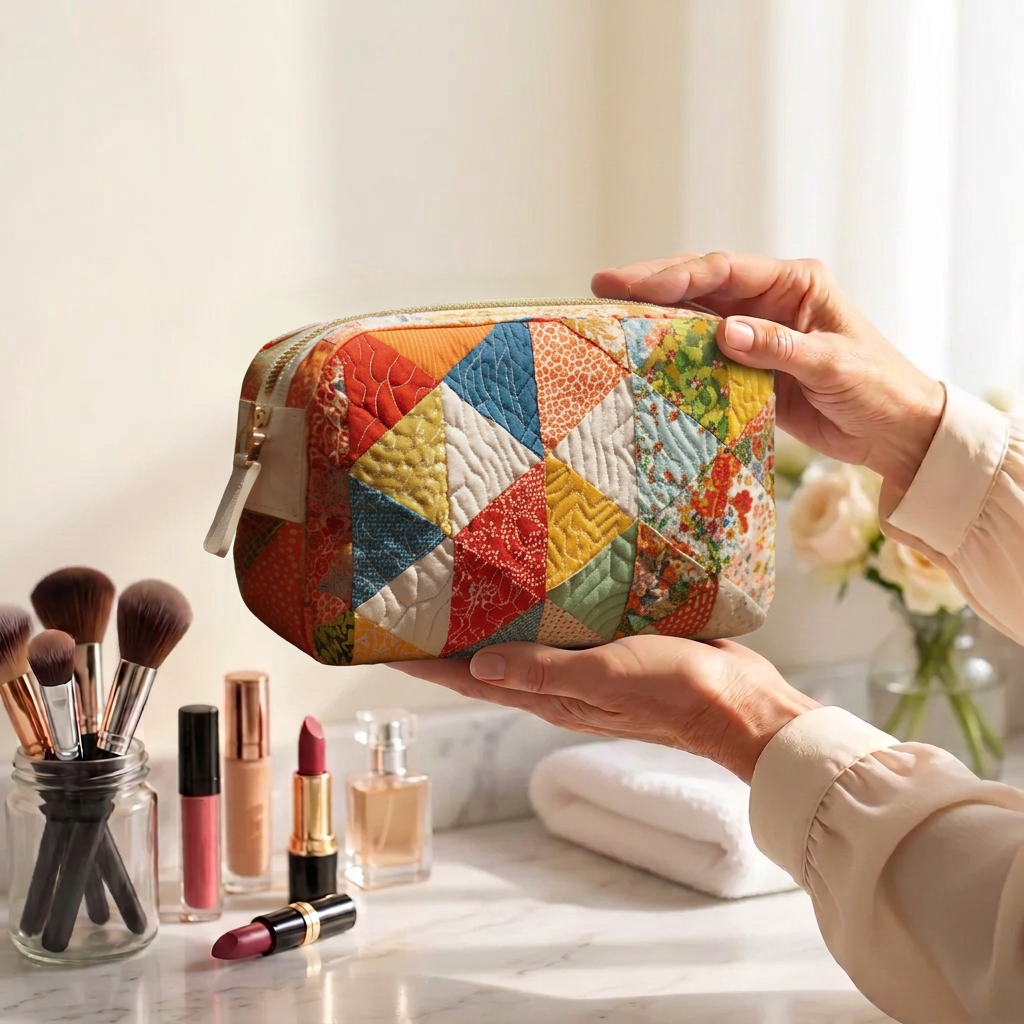 Trousse de maquillage matelassée Rythme de Couleurs tenue en main près de la coiffeuse