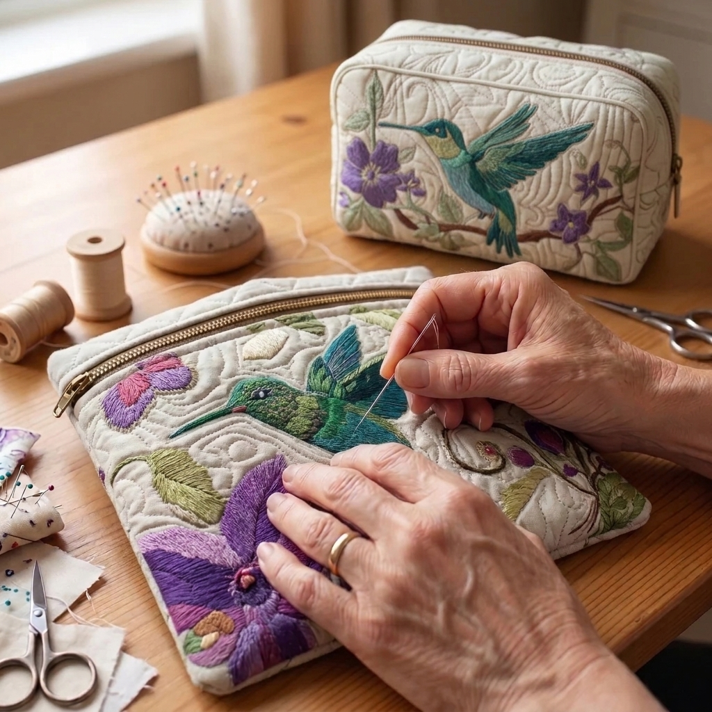 Tissu matelassé au motif Colibri en Fleurs en cours de couture
