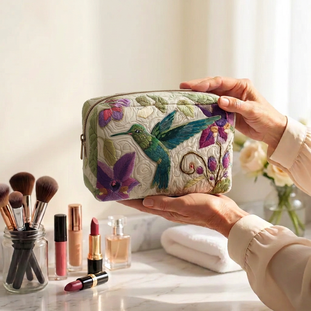 Trousse de maquillage matelassée Jardin des Colibris tenue en main près de la coiffeuse