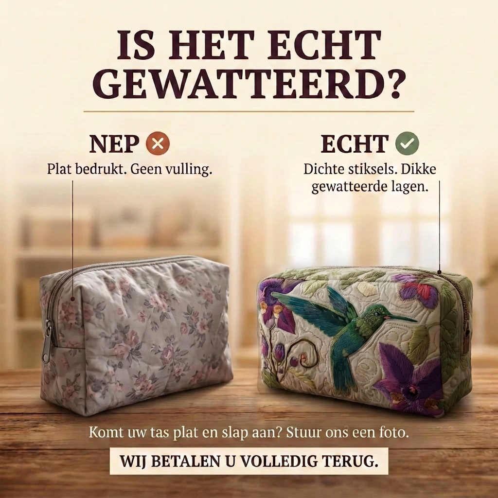 Gewatteerde make-uptas Kolibrietuin: echt gewatteerd tegenover plat bedrukt