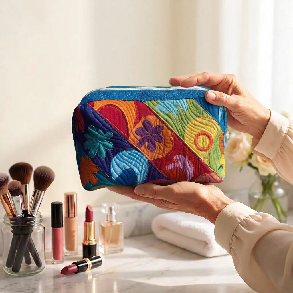 Trousse de maquillage matelassée Tourbillon Cosmique tenue en main près de la coiffeuse