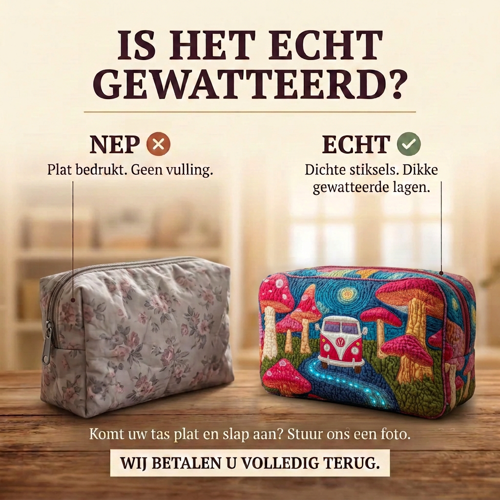 Gewatteerde make-uptas Kosmische Hippiedroom: echt gewatteerd tegenover plat bedrukt
