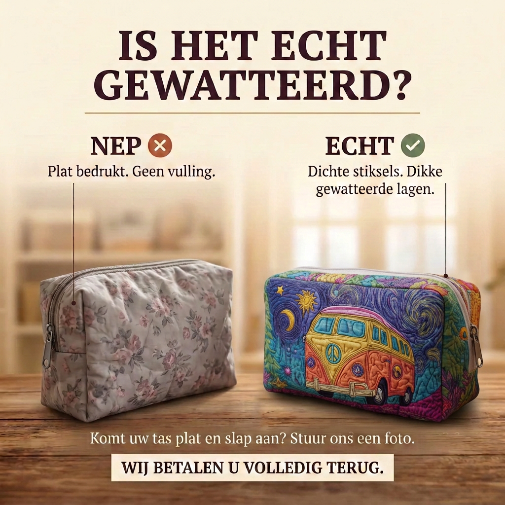 Gewatteerde make-uptas Kosmische Reis: echt gewatteerd tegenover plat bedrukt