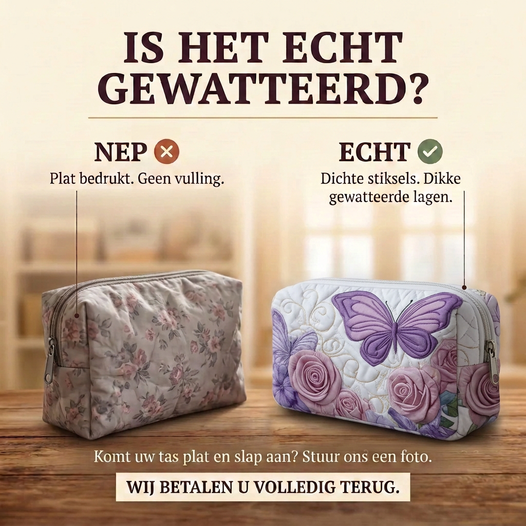 Gewatteerde make-uptas Lavendelcharme: echt gewatteerd tegenover plat bedrukt