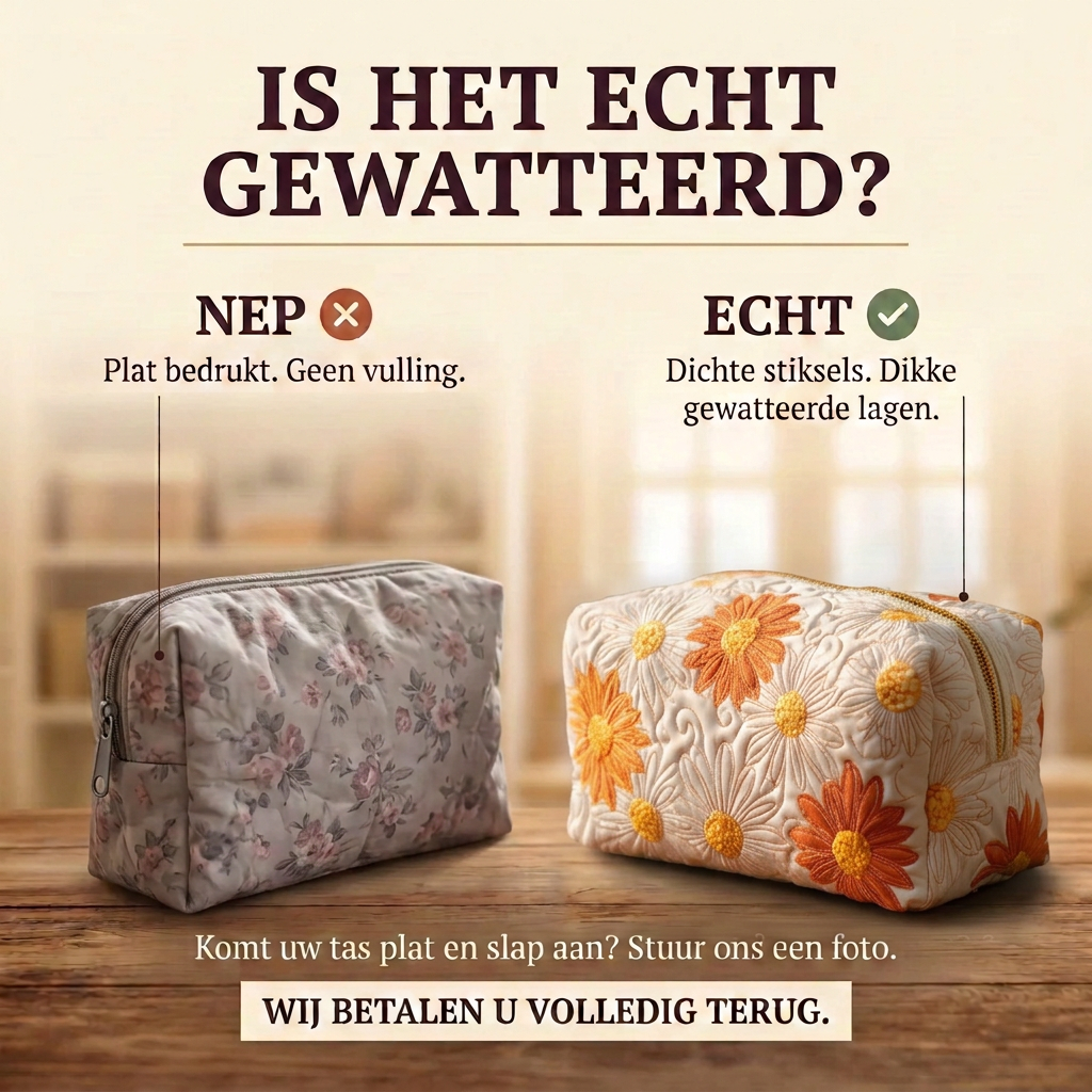 Gewatteerde make-uptas Madeliefjescharme: echt gewatteerd tegenover plat bedrukt