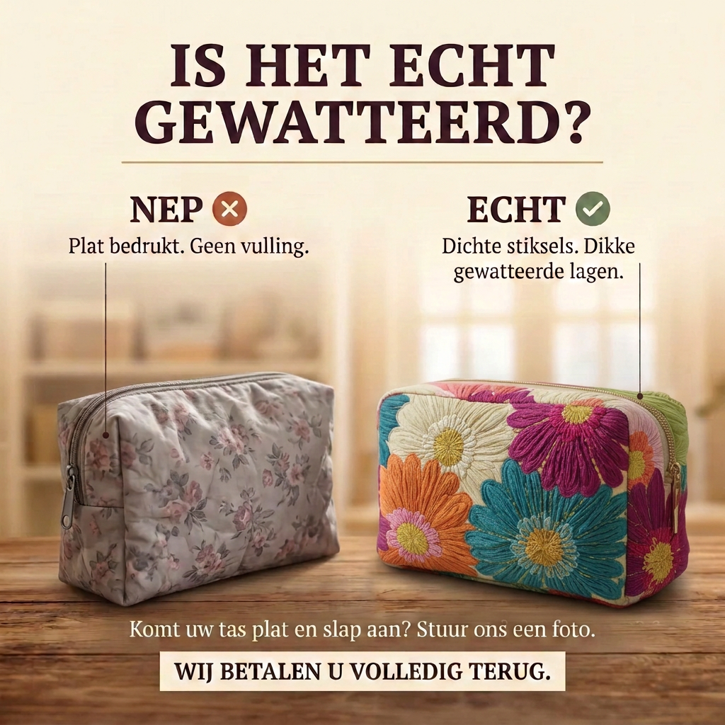 Gewatteerde make-uptas Madeliefjesgloed: echt gewatteerd tegenover plat bedrukt
