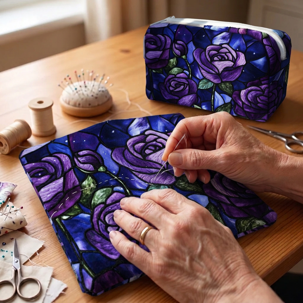 Tissu matelassé au motif Rose de Minuit en cours de couture