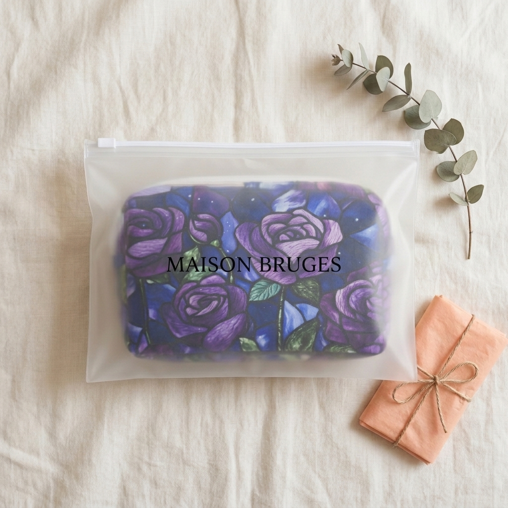 Trousse de maquillage matelassée Rose de Minuit emballée dans une pochette Maison Bruges
