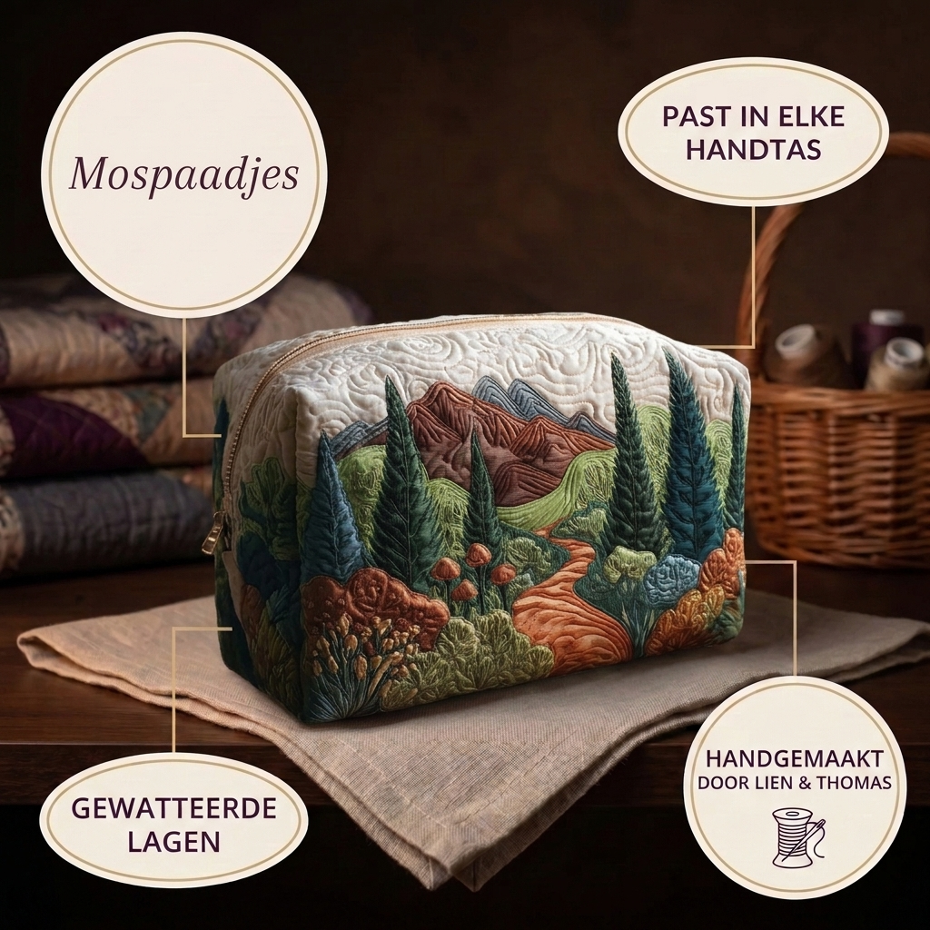Trousse de maquillage matelassée Sentiers de Mousse en détail : tient dans tous les sacs, matelassée
