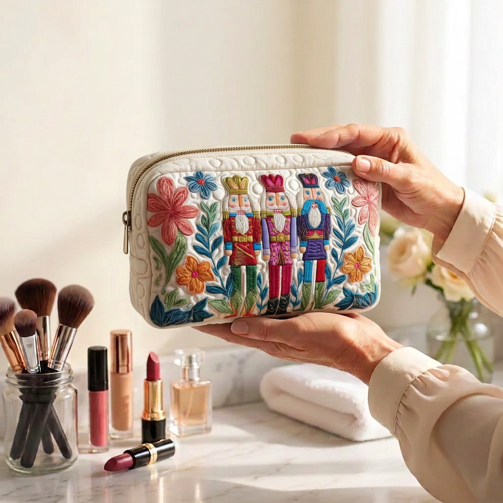Trousse de maquillage matelassée Charme du Casse-Noisette tenue en main près de la coiffeuse