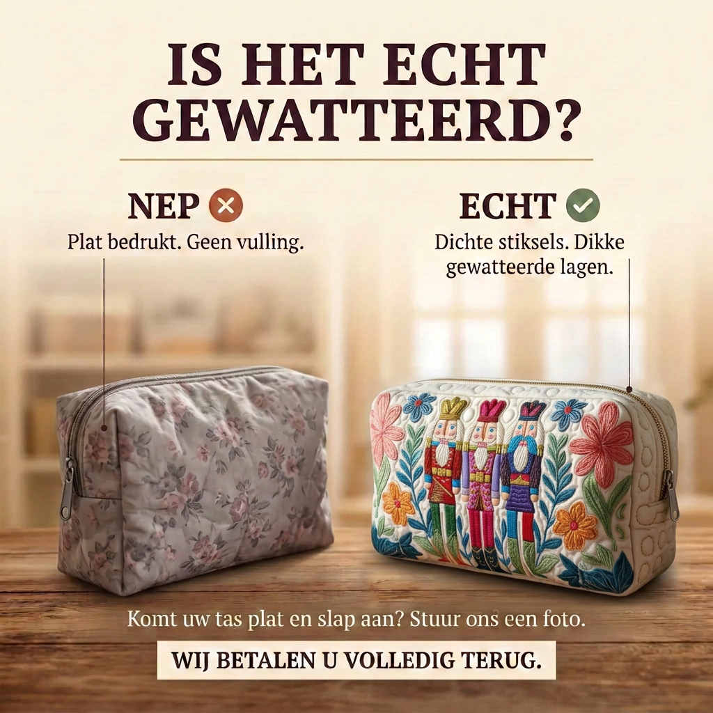Gewatteerde make-uptas Notenkrakercharme: echt gewatteerd tegenover plat bedrukt