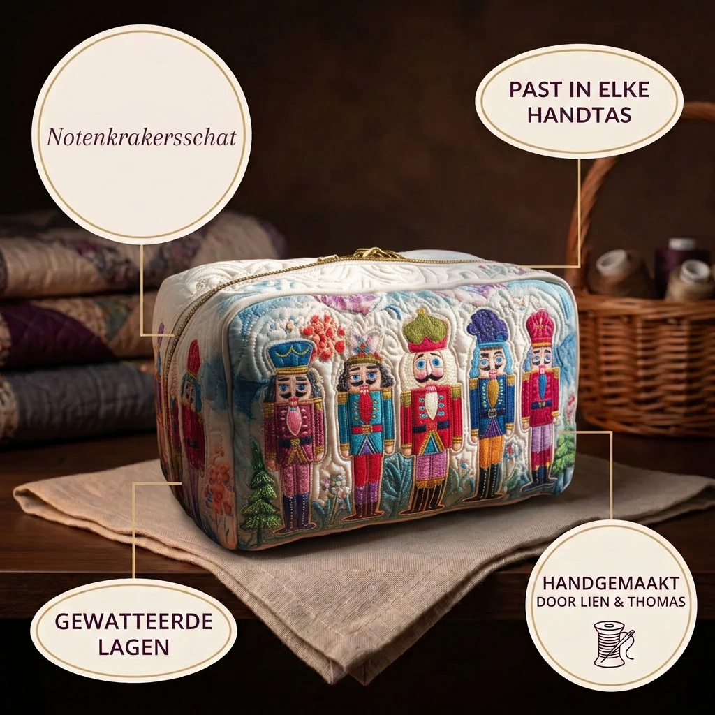 Trousse de maquillage matelassée Trésor du Casse-Noisette en détail : tient dans tous les sacs, matelassée