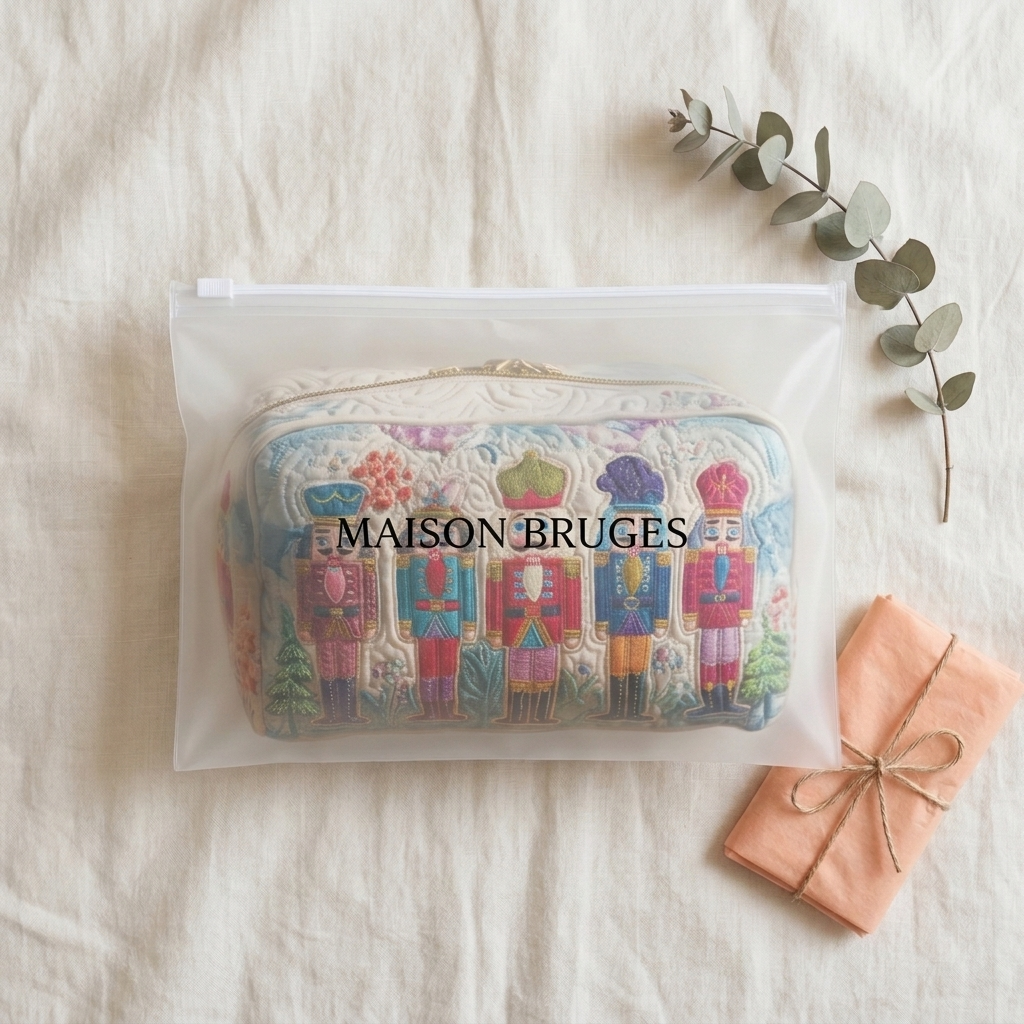 Trousse de maquillage matelassée Trésor du Casse-Noisette emballée dans une pochette Maison Bruges
