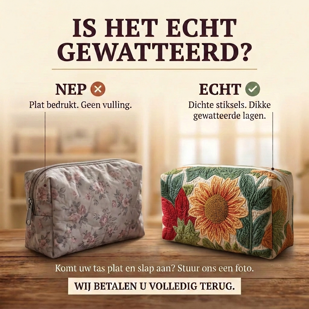 Gewatteerde make-uptas Ochtendbloei: echt gewatteerd tegenover plat bedrukt