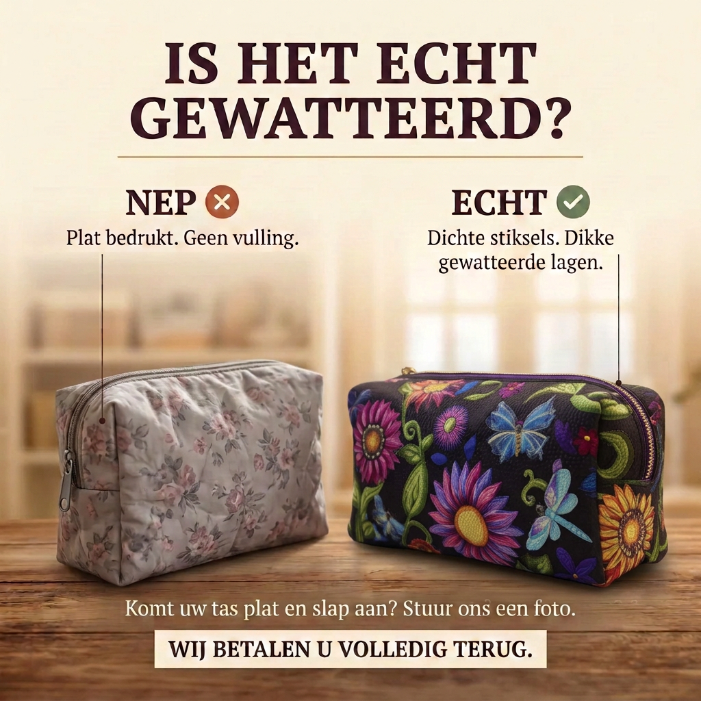 Gewatteerde make-uptas Ochtendgloed: echt gewatteerd tegenover plat bedrukt