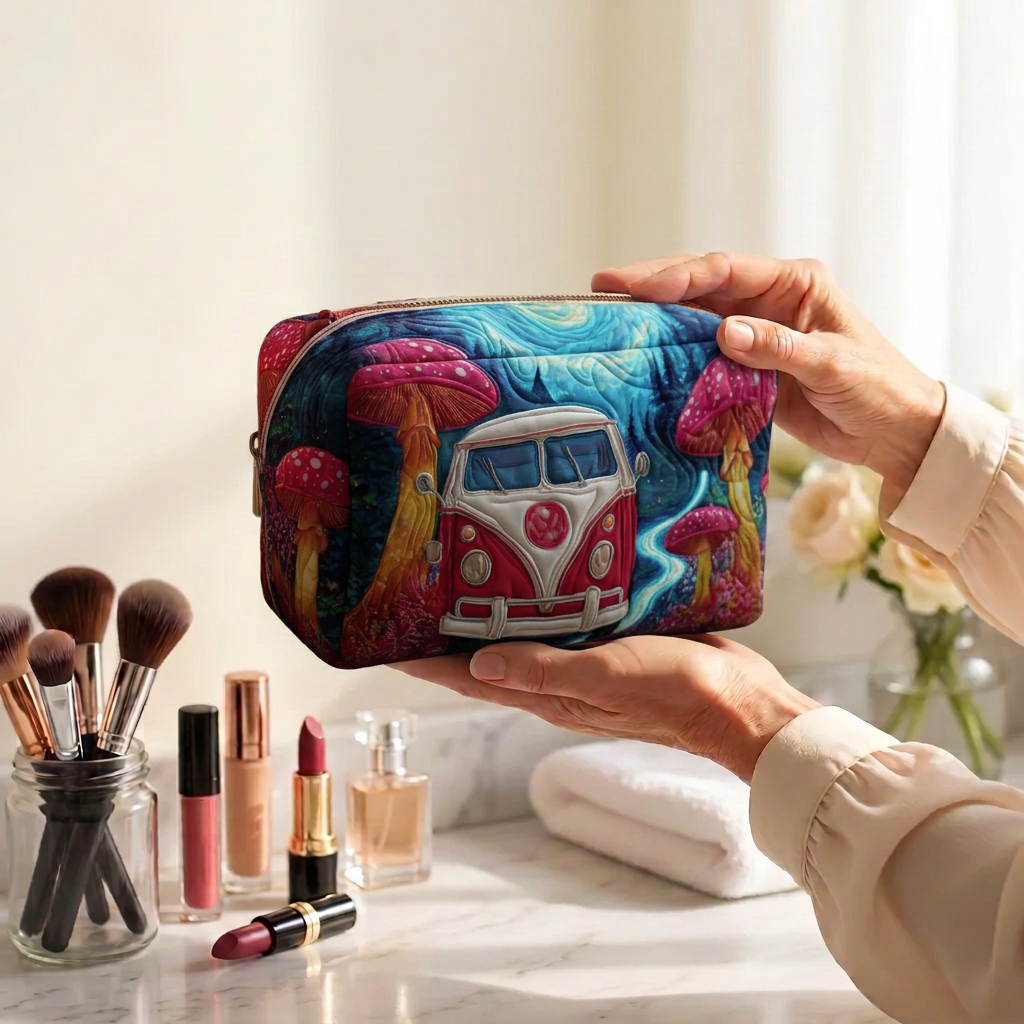 Trousse de maquillage matelassée Voyage aux Champignons tenue en main près de la coiffeuse