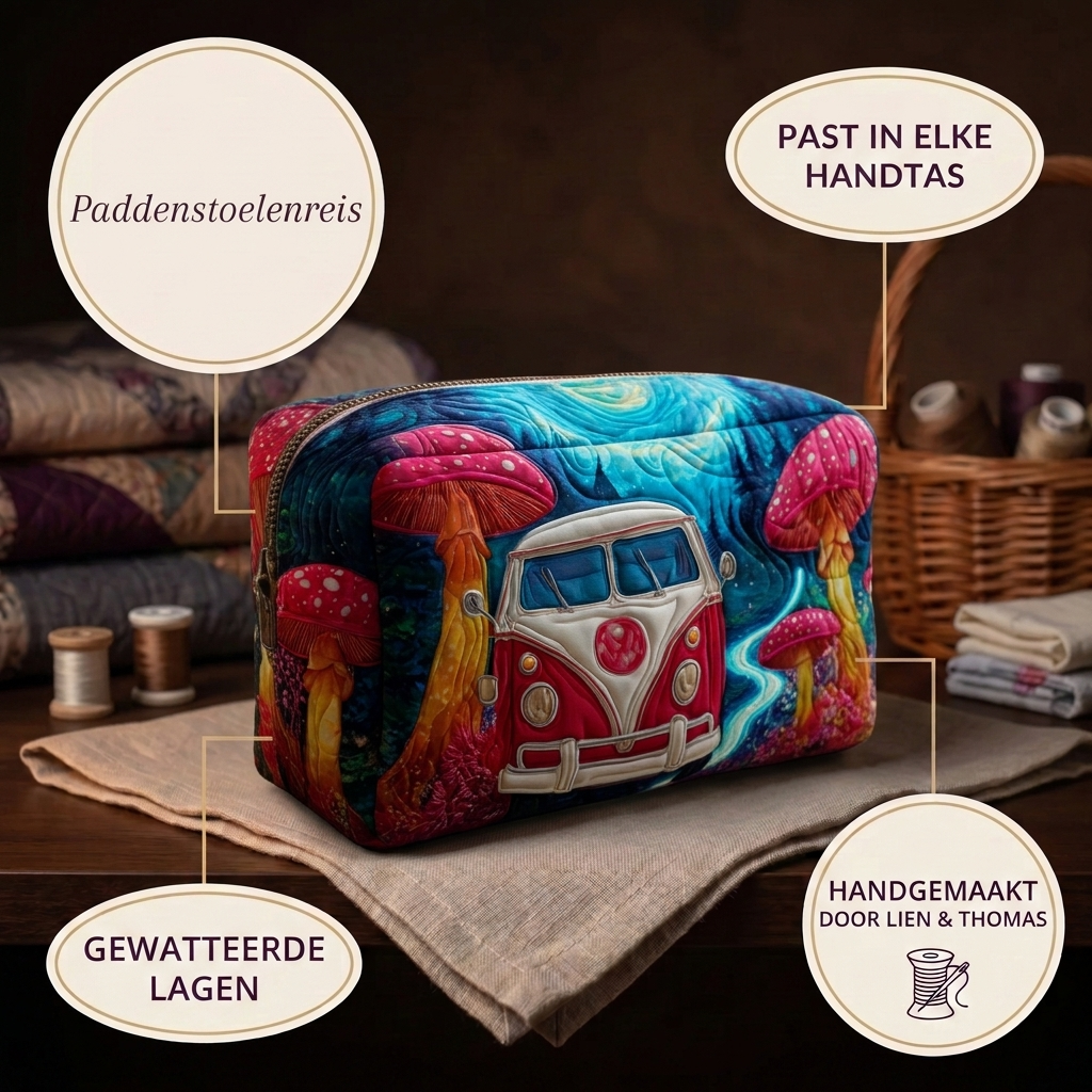 Trousse de maquillage matelassée Voyage aux Champignons en détail : tient dans tous les sacs, matelassée