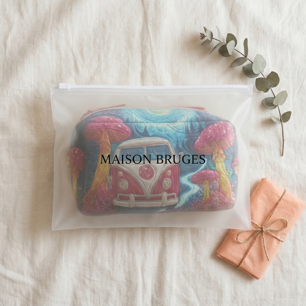 Trousse de maquillage matelassée Voyage aux Champignons emballée dans une pochette Maison Bruges