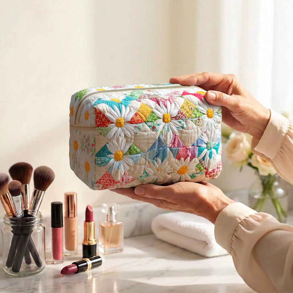 Trousse de maquillage matelassée Prairie Pure tenue en main près de la coiffeuse