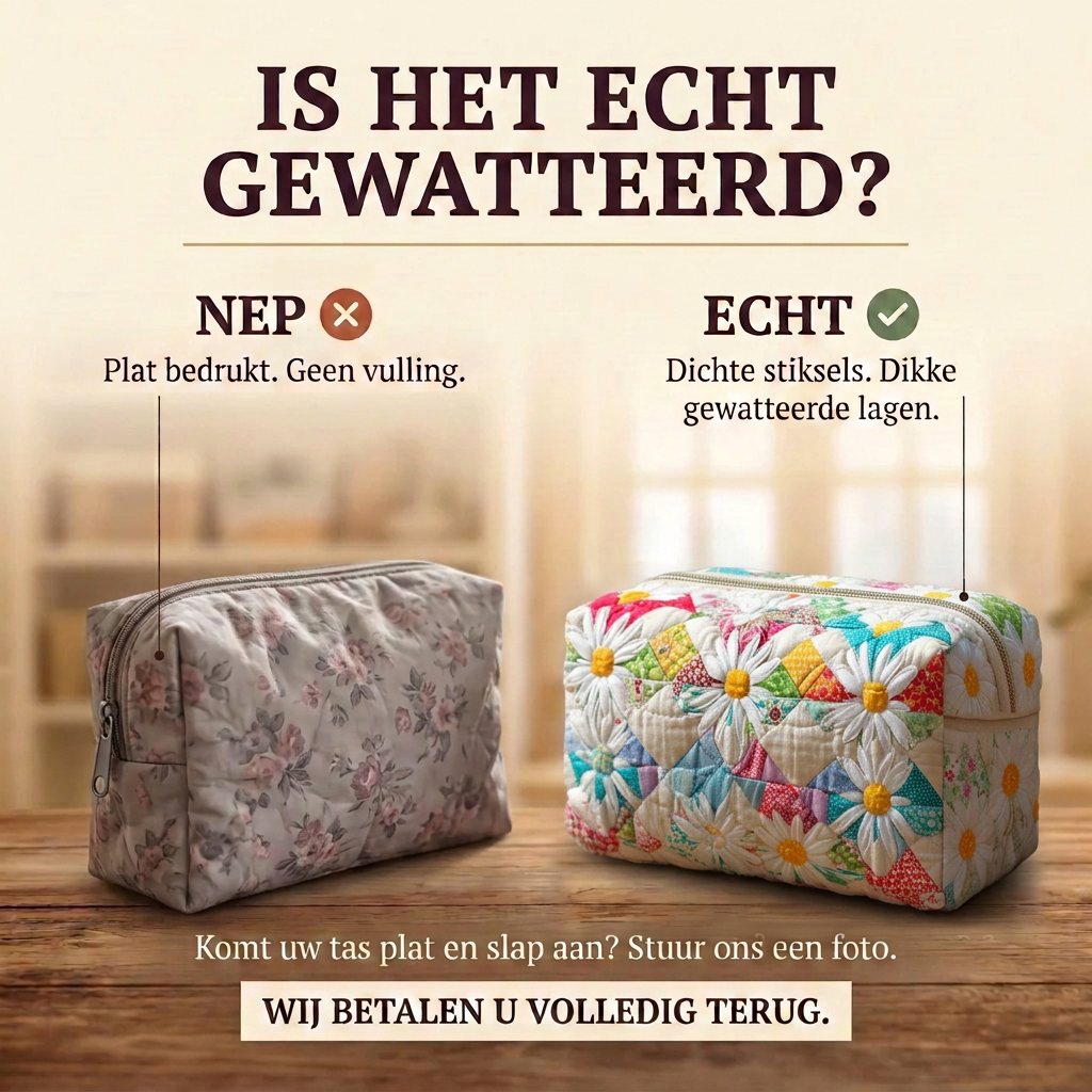 Gewatteerde make-uptas Pure Weide: echt gewatteerd tegenover plat bedrukt
