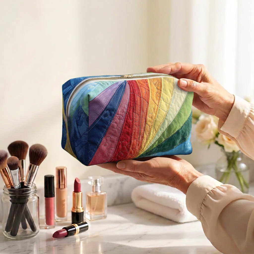 Trousse de maquillage matelassée Flot Arc-en-Ciel tenue en main près de la coiffeuse