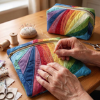 Gewatteerde stof met het motief Regenboogstroom wordt gestikt