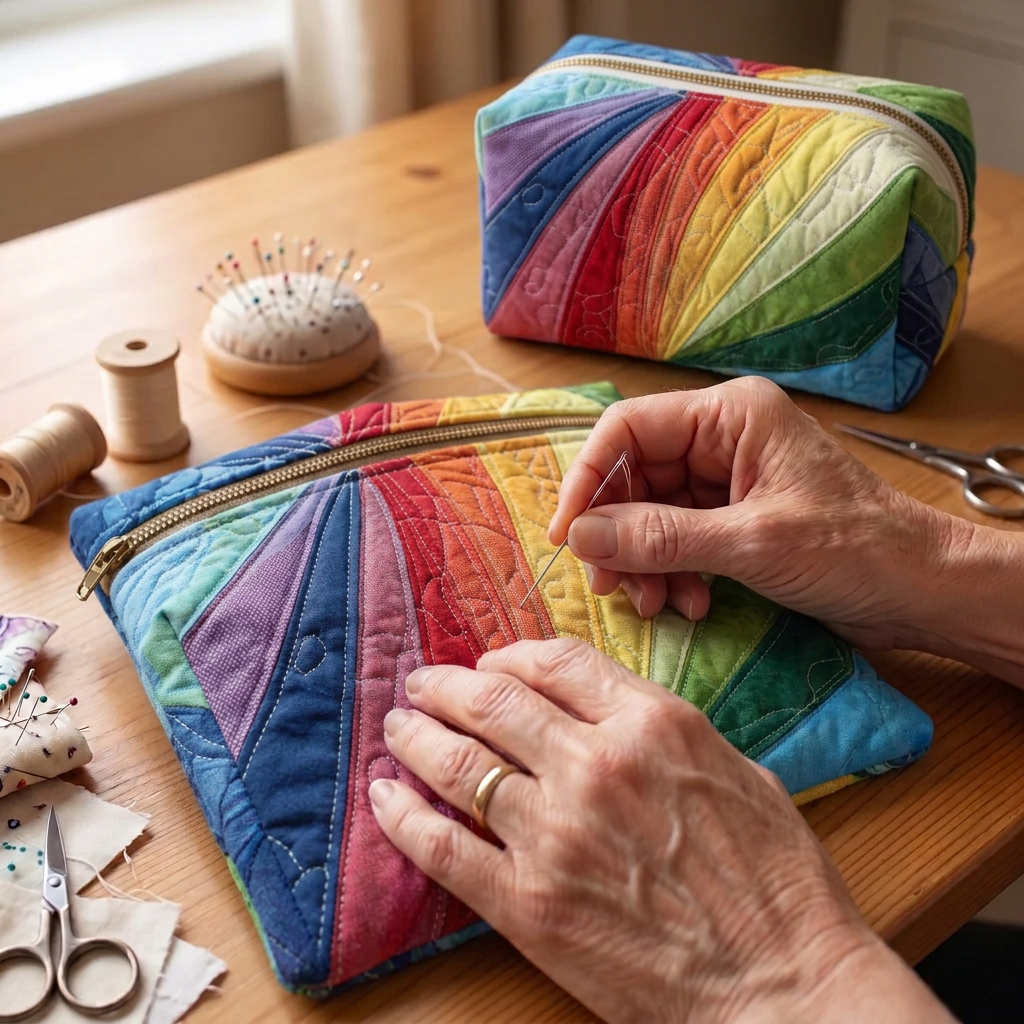 Gewatteerde stof met het motief Regenboogstroom wordt gestikt