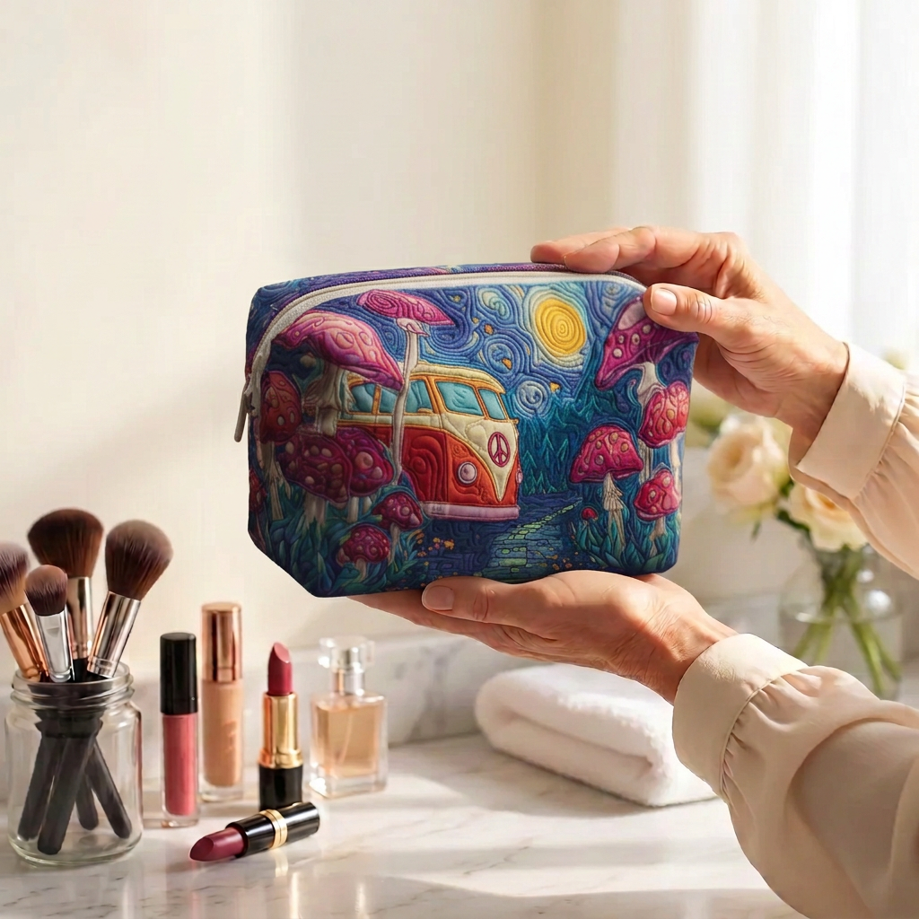 Trousse de maquillage matelassée Voyage Galactique tenue en main près de la coiffeuse