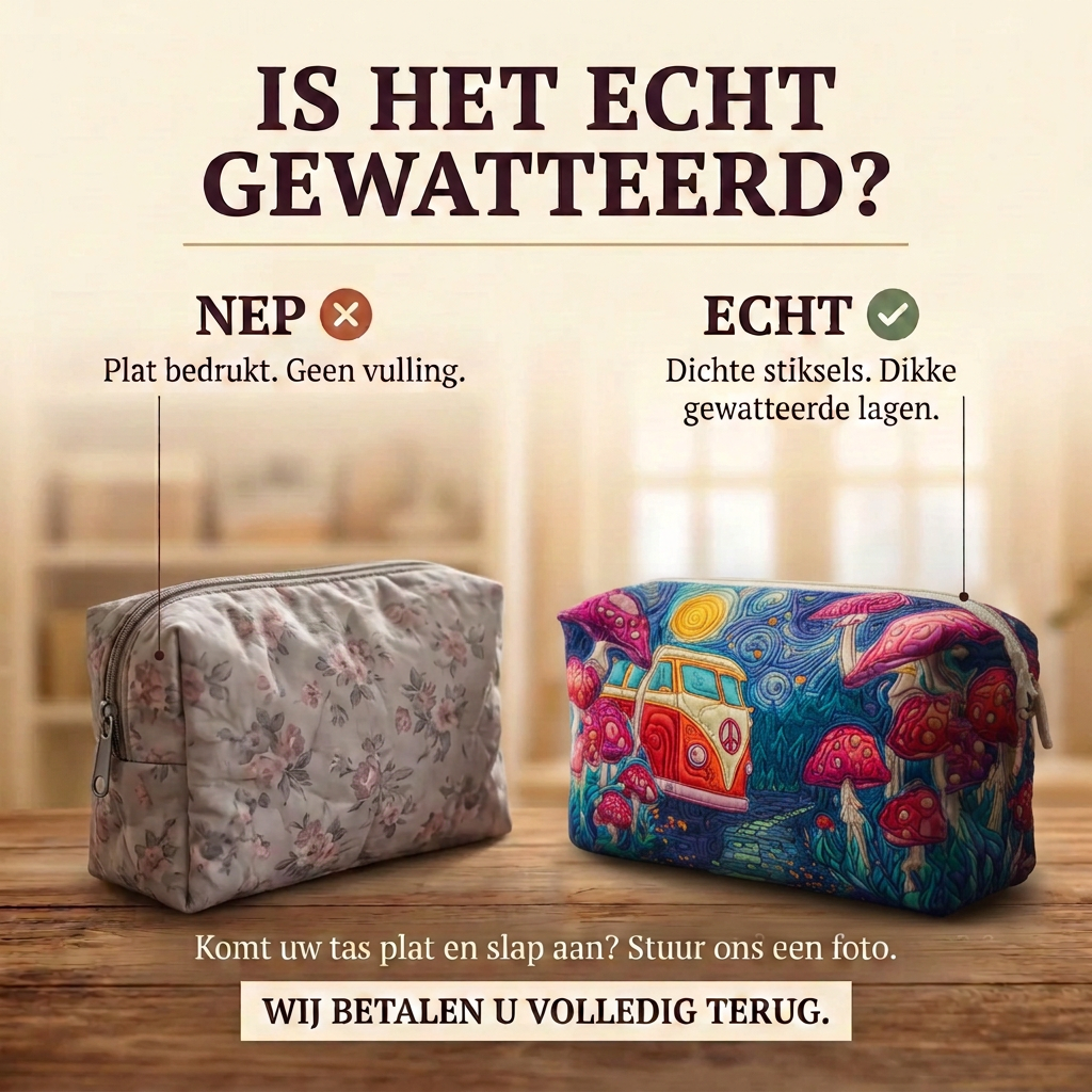 Gewatteerde make-uptas Reis door de Melkweg: echt gewatteerd tegenover plat bedrukt