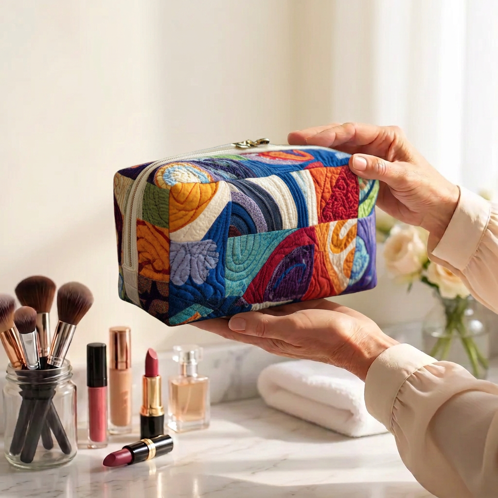 Trousse de maquillage matelassée Vagues Rétro tenue en main près de la coiffeuse