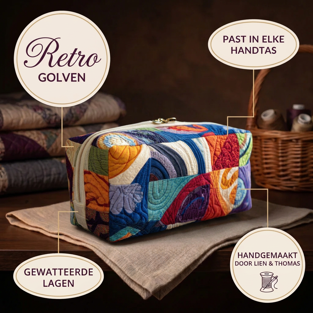 Trousse de maquillage matelassée Vagues Rétro en détail : tient dans tous les sacs, matelassée