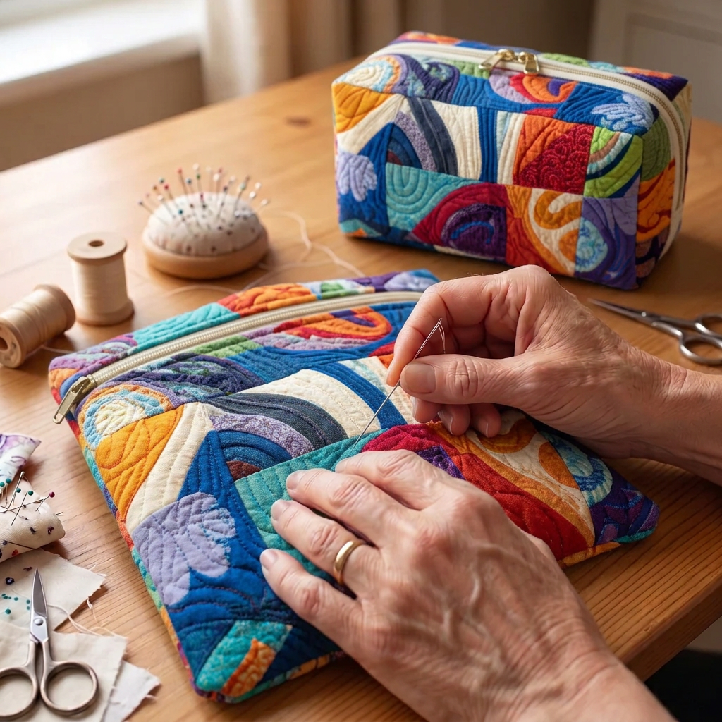 Tissu matelassé au motif Vagues Rétro en cours de couture