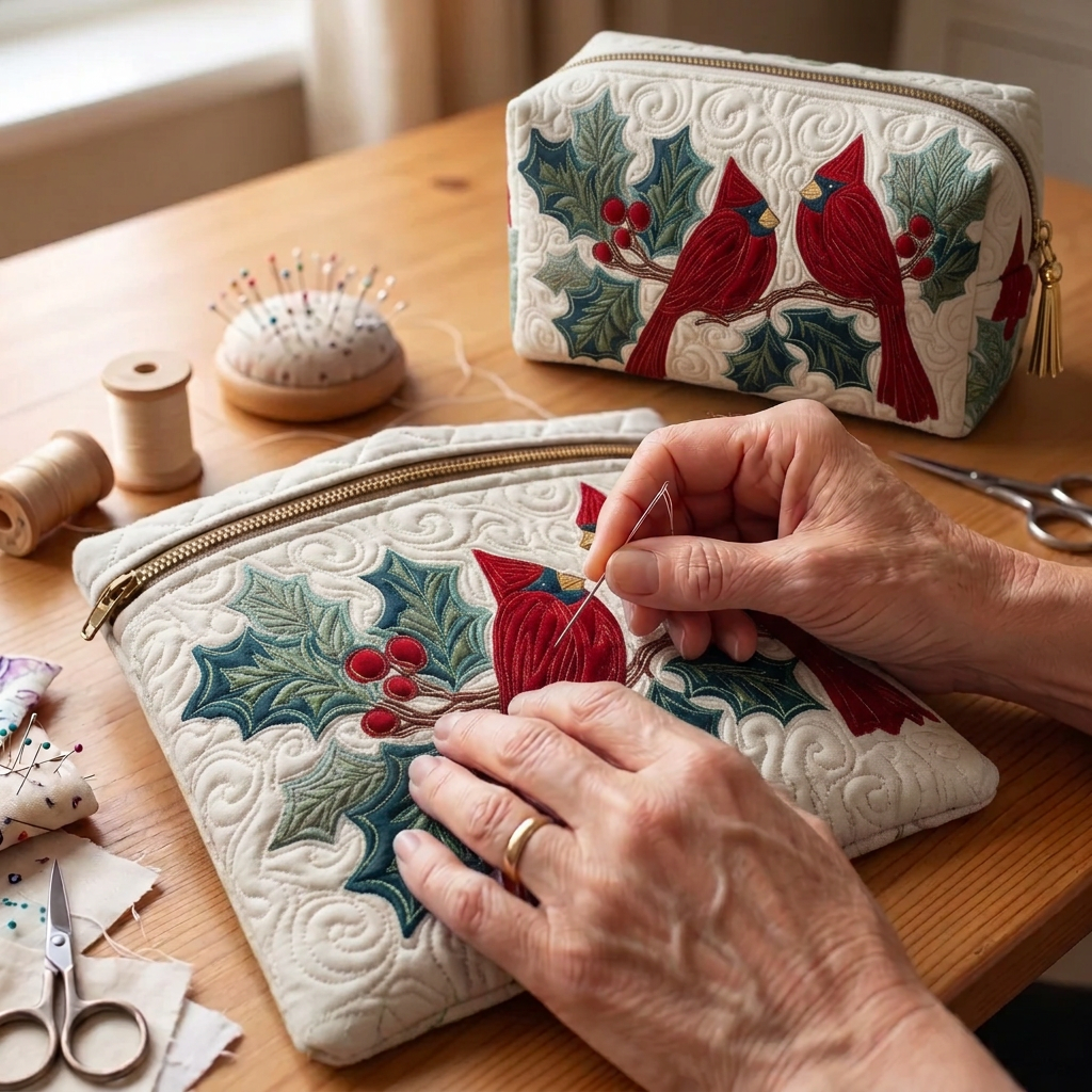 Tissu matelassé au motif Plume Rouge en cours de couture