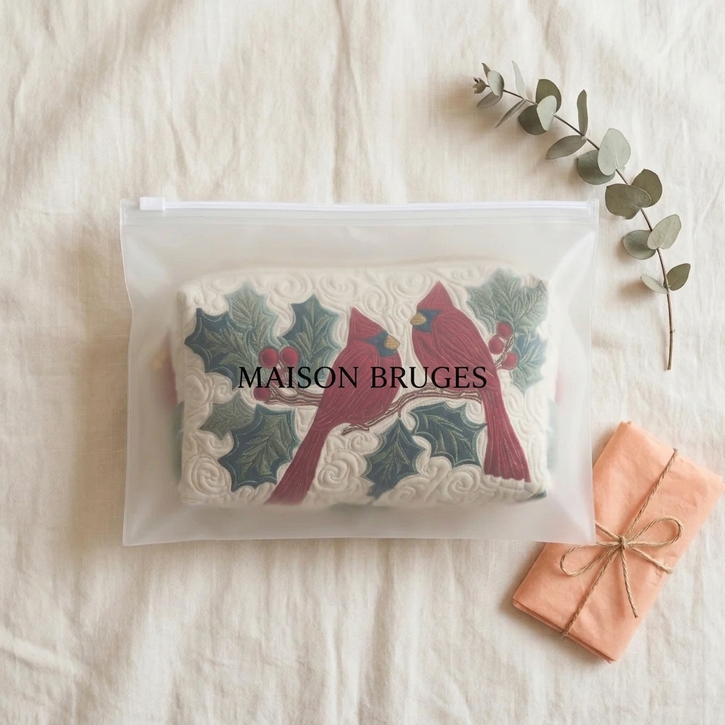 Trousse de maquillage matelassée Plume Rouge emballée dans une pochette Maison Bruges