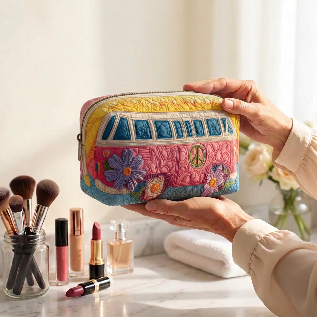 Trousse de maquillage matelassée Escapade Sereine tenue en main près de la coiffeuse