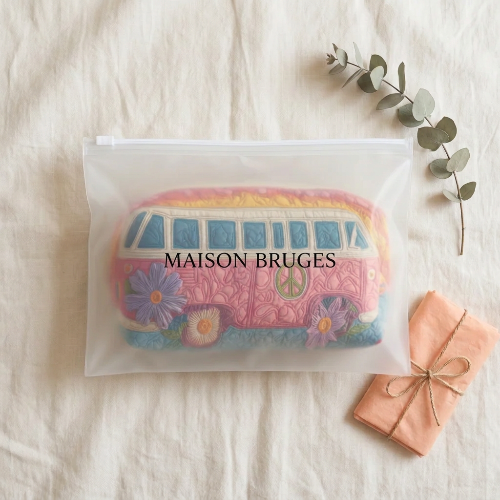 Trousse de maquillage matelassée Escapade Sereine emballée dans une pochette Maison Bruges