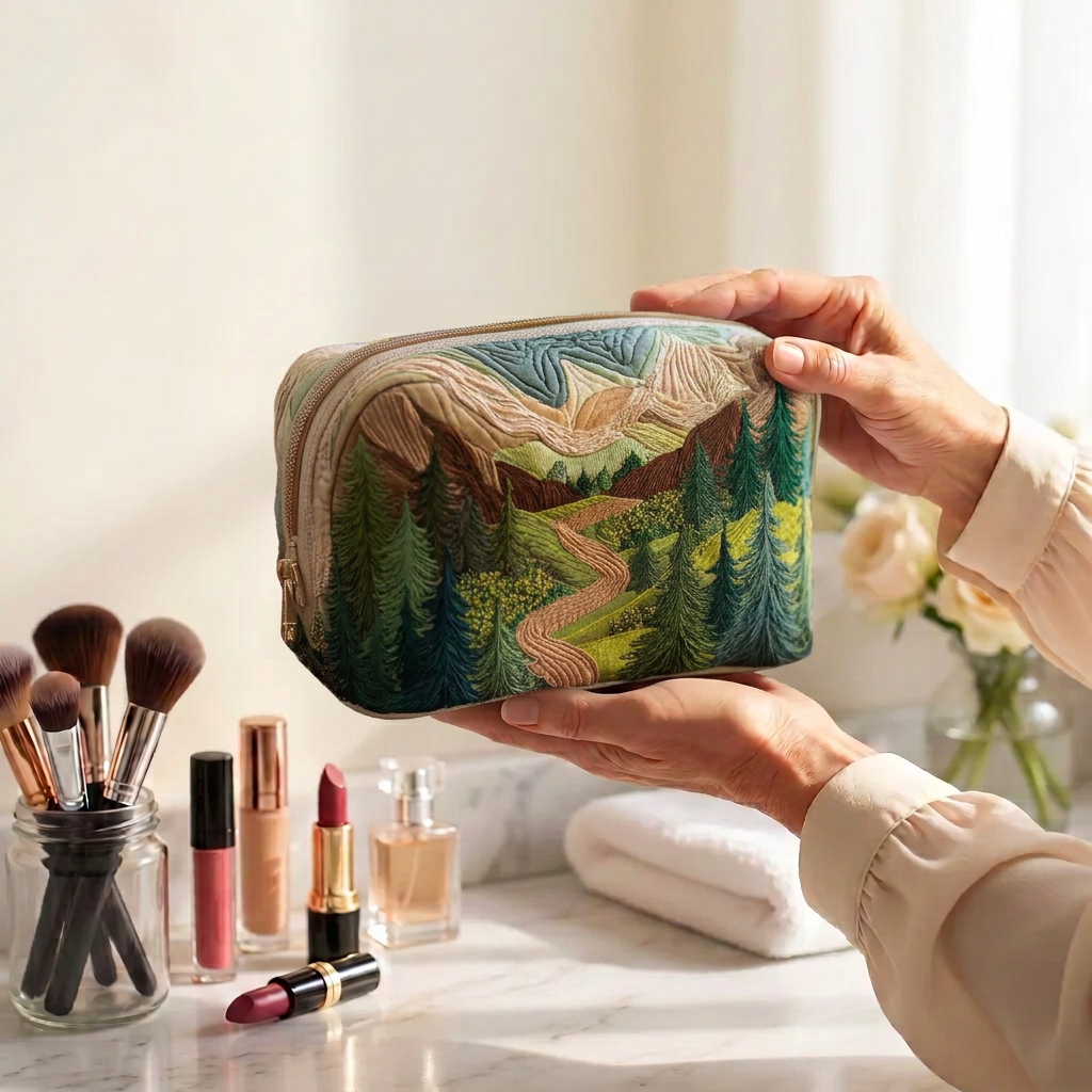 Trousse de maquillage matelassée Canopée d'Émeraude tenue en main près de la coiffeuse